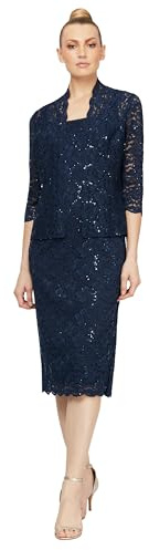 S.L. Fashions Women's Tea Length Sequin Lace Special Occasion Dress with Illusion Sleeve Jacket (Petite and Regular Sizes), Navy, 10
