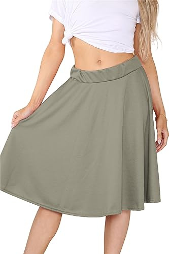 janisramone Dam ny enkel knälång elastisk midja utsvängd skater swing jersey midikjol, Khaki, 34/36 SE