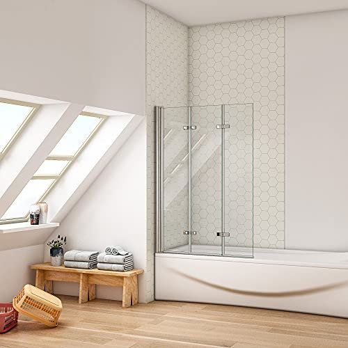Ducha Casa 140x130cm Mampara de bañera plegable con bisagra 3 hojas sin marco exterior, 6mm cristal templado antical, aluminio cromado
