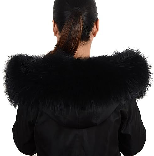 RedEagle Bufanda de piel Cuello de piel real desmontable Mujeres Collares de piel de mapache Abrigos para el cuello Capucha Collares unisex negro 70CM larg 16CM ancho