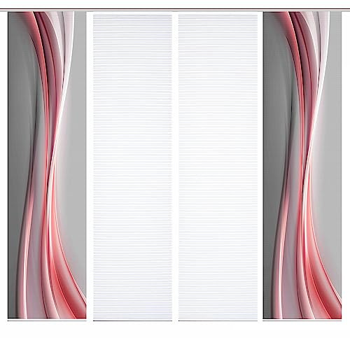 HOME in green 84070 ELANIA Schiebegardine aus recyceltem Polyester, halbtransparent, Farbe:rot, Größe:245 x 60 cm, Anzahl:4er-Set (2X Motiv. 2X Uni)