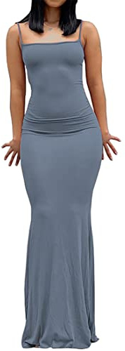 WINKEEY Mujer Color Sólido Espaguetis Correa sin Mangas sin Espalda Bodycon Maxi Vestido Lounge Slip Vestidos Largos (L,Azul)