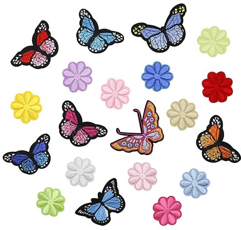 FIHODONE 20 Stück Patches zum Aufbügeln, Blumen Flicken zum Aufbügeln Kinder, Schmetterling Aufnäher Erwachsene Bügelflicken, Hübsch Bügelbilder für Textilien,Aufnäher Patches Selbst Gestalten