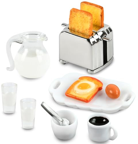 Maison de Poupée Miniature Accessoires, Kit de Petit-Déjeuner Miniature, Mini Machine à Toaster, Pain, Lait, Œufs, Tasses, Assiettes, pour Maison de Poupée Miniature Accessoires (Lait)