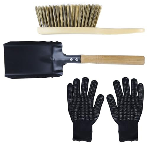 Qivine Recogedor Metalico con Mango Madera, Metal de Pala Barbacoa para Apagar Fuego, Pequeño Cepillo Chimeneas de Leña para Estufas, Barbacoas, Chimenea