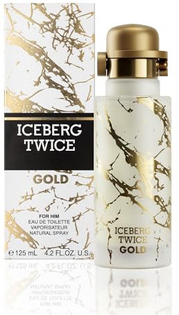 ICEBERG Twice Gold – 125 ml Eau de Toilette, Opulentes Herren Parfüm mit Holzigen und Samtigen Noten, Luxuriöse, Zylindrische Flasche mit Marmoreffekt, für Männer die ein Intensives Leben Lieben