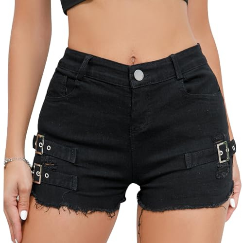 FEOYA Ripped Jeans Shorts for Women High Waist Sexy Denim Shorts Stretch Hot Pants Casual Club Party Raw Hem Denim Jean Shorts with Pockets 02 Blk XXL
