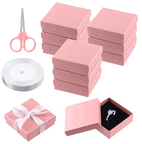 Swpeet - 12 pezzi di scatole regalo in cartone rosa con motivo a ventaglio, 8,9 x 8,9 x 3 cm, con forbici e nastro di poliestere, kit assortito, per collane, orecchini, bracciali, scatola regalo per