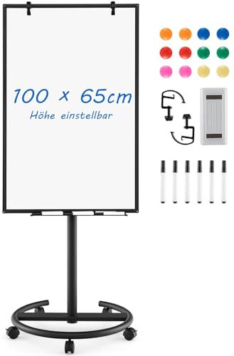 COSTWAY Flipchart Ständer, 100x65cm, mobiles Whiteboard auf Rollen, höhenverstellbar bis 192cm, trocken abwischbar, magnetisch, Flip Chart mit rundem Ständer, Magneten, Markern & Radierer