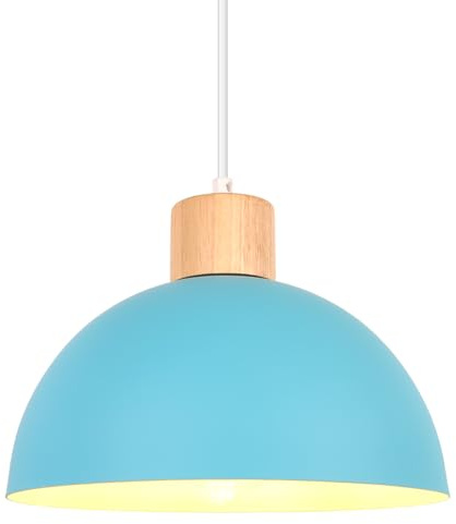 iDEGU 25cm Hängelampe Retro E27 LED Hängeleuchte Moderne Skandinavisch Deckenleuchte aus Metall Holz Pendelleuchte für Schlafzimmer Esszimmer Küche Restaurant (Blau, 1 Stück)
