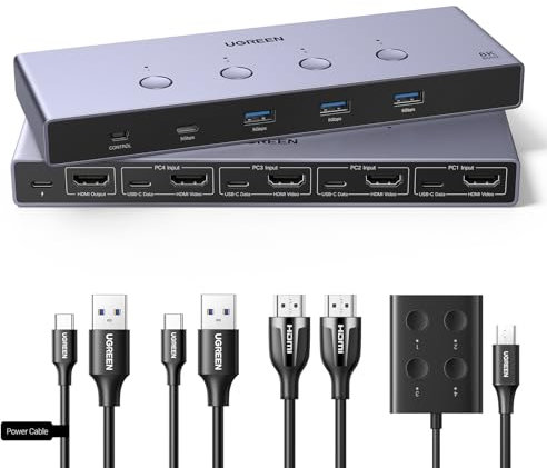 UGREEN HDMI 2.1 KVM Switch 4 In 1 Out 8K@60Hz USB 3.0 Switch 4 Ports 1 Monitor und Tastatur, Maus, Drucker, U Disk für 4PC