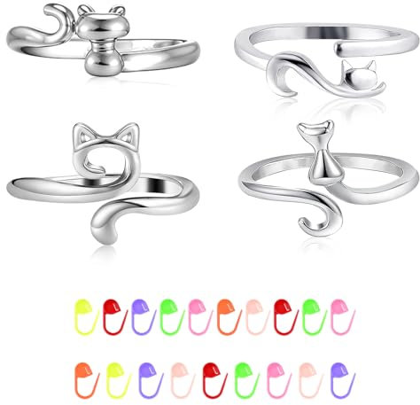 Tyqour 24 Stück Verstellbare Häkelringe Finger, Metall Häkelring für Fingergarn, Katze Häkel Ring für Finger, Häkelringe zum Häkeln Cat Crochet Ring Häkel Zubehör Häkelgeschenke für Häkelliebhaber