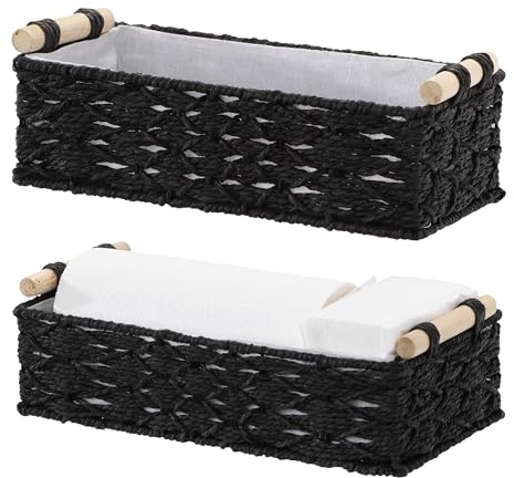 Navaris Cesta Mimbre Almacenaje - 2x Cestas de Mimbre de Cuerda Papel Natural - 2x Cesta Rectangular con Asas Madera y Cubierta de Lino Algodón - Para Baño Tocador Lavandería