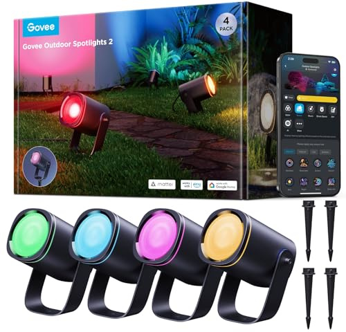 Govee Outdoor Spot Lights 2, IP67 Waterproof Spotlights, Landscape Lights Work with Matter, Alexa, and Google Assistant, RGBWIC Color Changing Light for Outdoor Decor, Patio Decorations, 4 Pack