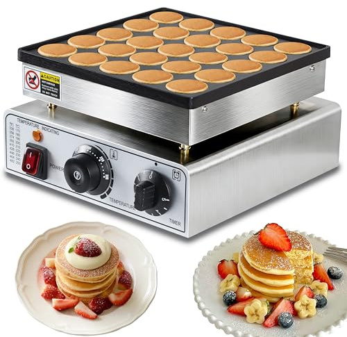 Mini Pancake Maker, 25-Cup Commercial Dutch Pancake Machine, 950W Non-Stick Electric Poffertjes Maker with Temp & Timer for Restaurant, Food Truck, Breakfast Shop