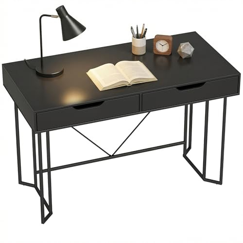 HOMCOM Escritorio con 2 cajones Marco metálico 120x60x77 cm Negro | Escritorio para computadora, escritorio de oficina diseño moderno, para estudio, dormitorio, oficina en casa