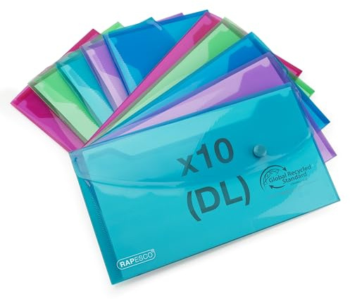 Rapesco 1844 ECO Kuvertmapp, Återvunnen Plast, DL, 10 Pack | Blandade Transparenta Klara Färger
