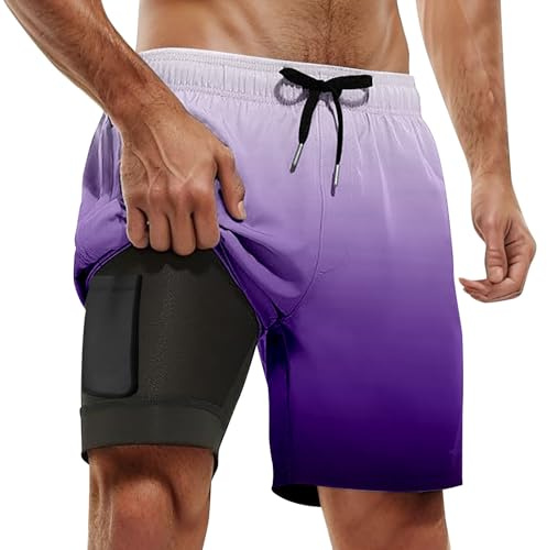 Generico Pantaloncini da Mare Uomo con Fodera A Compressione Comodi Asciugatura Rapida Shorts Surf Fresco Elastico Elastico Costume da Bagno con Stampa Palme per Vacanze, Casuale, Vacanza Viola L