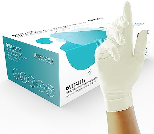 UNIGLOVES Vitality Nitrile GD0033 - Guantes de examen hidratante, multiusos, sin polvo ni látex, 100 guantes, color blanco, mediano