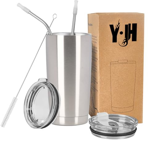 Y·J&H resebehållare med dubbla väggar, vakuumisolerad kaffemugg i rostfritt stål med 2 stänksäkra lock, 2 sugrör och gratis rengöringsborste, BPA-fri