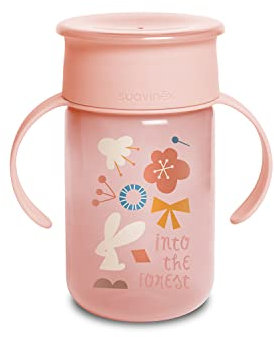Suavinex, Tasse d'Apprentissage avec Disque Anti-Fuite, Magic Cup Rebord Antifuite 360°, à partir de 12 Mois, Anses Amovibles, avec Couvercle hygiénique, 340 ml, Forêt Rose