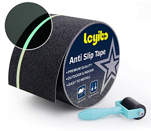 Leyibo Anti Slip Tape with Glow in Dark Stripe for Stairs, 4”x35ft, Grip Tape for Stairs Steps for Outdoor/Indoor, Waterproof Non Slip Strips for Stair Treads, High Traction, Easy Install