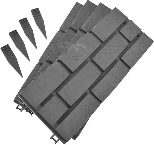 ASAB 4Pcs Wood Brick Effect Plastic Garden Border Edging Fencing Set with Detachable Picket Border Fence Edging for Courtyard Farms Outdoor Yard Patio Flowerbeds Decoration Set (4 x Grey Brick Effect)