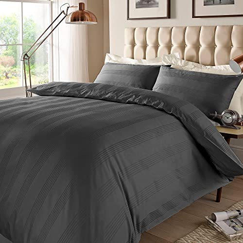 ED Luxury 400 Thread Count Duvet Cover Set | 100% Egyptian Cotton Soft & Comfortable Hotel Quality Satin Multi Stripe Bedding Set (Double, Steel Grey)