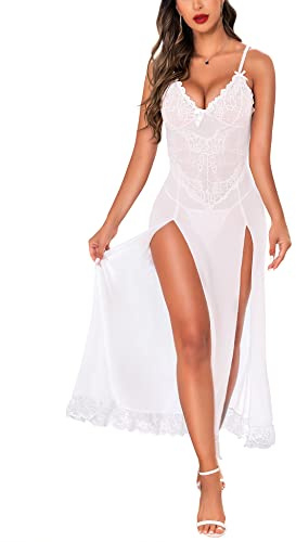 RSLOVE Mujeres Sexy Lencería Encaje Babydoll Malla Larga Chemise Ropa de Dormir