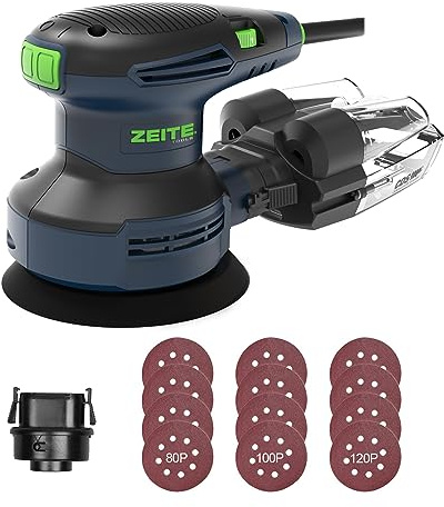 ZEITE Random Orbital Sander Tool, Electric Palm Sander, 3.0 Amp Wood Sanding Machine, Variable Speed 5000-12000 OPM, Cyclonic Dust Box, Vacuum Adapter, 12Pcs 5 Sandpapers for Sanding and Polishing
