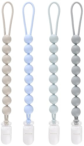 4-Pack Silicone Pacifier Clips for Baby Boys and Girls - with One-Piece Beads, Flexible and Rust-Free Holders for Teething Relief and Baby Essentials - Safe for Newborns (Grey)