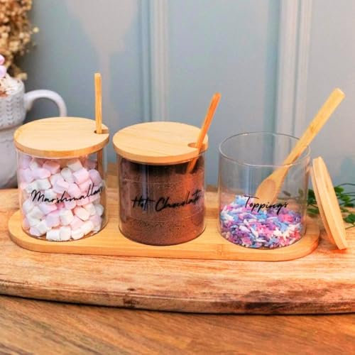 Marco Paul Glass Tea Coffee Sugar Canisters Set with Lids Hot Chocolate Station Glass Storage Jars with Lids Cocoa Powder Spices Herbs Home and Kitchen Accessories House Essentials Storage Containers