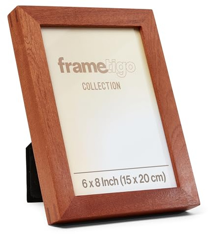 Frametigo - Solid Mahogany Natural Wooden Photo Frame, 6x8 (15x20cm) | Landscape or Portrait Orientation, Velvet Backing and Stand, Double Spline Joint, Polished Edge Real Glass