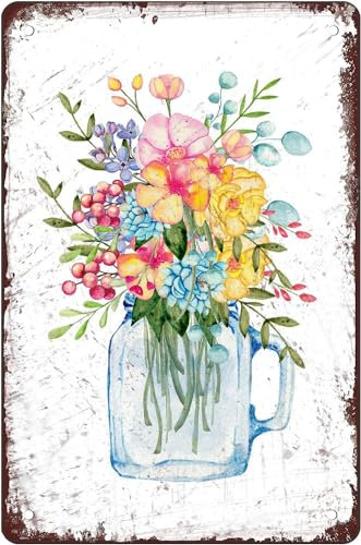 Ramo de flores de tulipán en tarro de flores vintage de metal para decoración del hogar, decoración divertida para cocina, bar, club, garaje, jardín, granja, arte de pared, 12 x 16 pulgadas