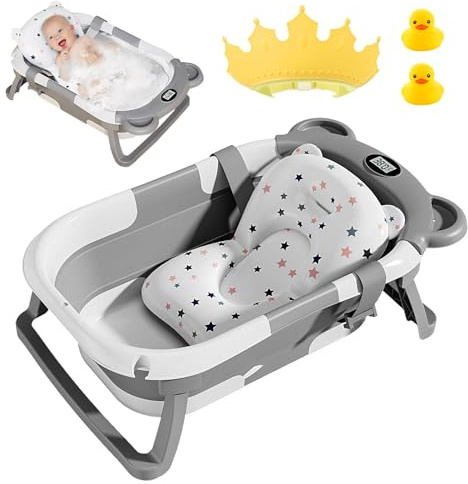 Hopfällbart badkar för nyfödda, babybadkar med termometer, bärbart halkfritt badrum, levereras med badmatta, duschmössa och 2 små (grå)