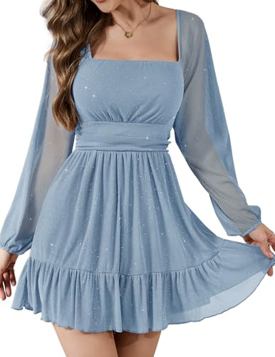 Bridesmay Sparkly Sequin Cocktail Dresses UK for Women Plus Size,Square Neck Mesh Long Sleeve Blue Short Homecoming Dress (Light Blue,XXL)