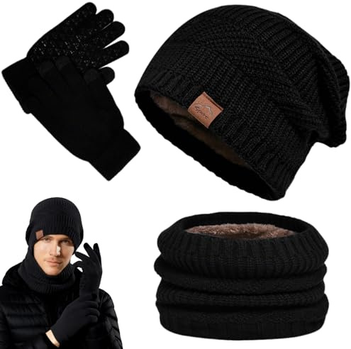 Tbintul Bonnet Écharpe et Gants à Écran Tactile,Tricotés Ensemble d'hiver Bonnet Écharpe Gants d'écran Tactile,Ensemble Chauds d'hiver 3en1 avec Double Polaire Chaud Chapeau pour Homme Femme (Noir)