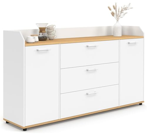 IDMarket - Buffet 140 cm JABA 4 Portes avec Rebord Blanc et Plateau Bois façon hêtre