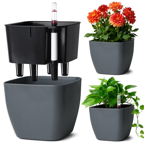 T4U 3Pcs 17,5cm Eckig Selbstbewässerungstopf mit Wasserstandsanzeige, Praktischer Blumentopf für vielbeschäftigte Anfänger und Gärtner,geeignet für Geranien/Minze für den Innen und Außenbereich (Grau)