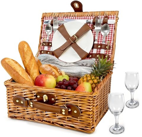 Picnic Basket for 2 - Picnic Basket with Cutlery Kit and Glasses, Insulated Picnic Set with Waterproof Liner, Portable Wicker Picnic Baskets with Lid and Handle for Outdoor, Picnic, Camping, Holidays