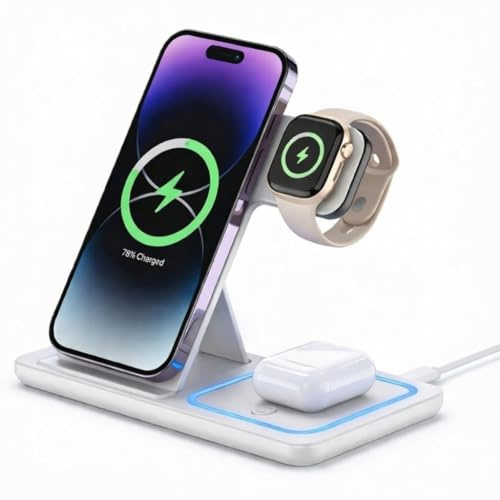 POINT&GO Cargador Inalámbrico 3 en 1 – Base de Carga Rápida Qi para iPhone, Samsung, OPPO y Android, Apple Watch y Auriculares, Seguro y Compacto, Color Blanco