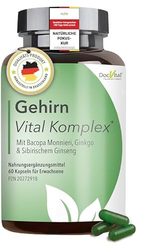 DocVital® Ginkgo Biloba & Ginseng hochdosiert - 60 Kapseln - Focus & Konzentration Kapseln mit Bacopa (Brahmi) - Gehirn Vital Komplex - Brain Booster, Gedächtnis & Gehirnleistung