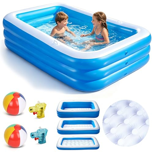 Beeoecm Piscina Gonfiabile Bambini, Piscina rettangolare con 2 palloni da spiaggia e 2 mini pistole ad acqua, Piscinetta con Pareti Ispessite per Giardino, Esterno e Feste Estive (Blu)