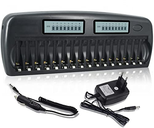 CITYORK Cargador de batería LCD de 16 Ranuras para AA AAA Ni-MH Ni-CD Pilas Recargables con Carga Inteligente e Independiente