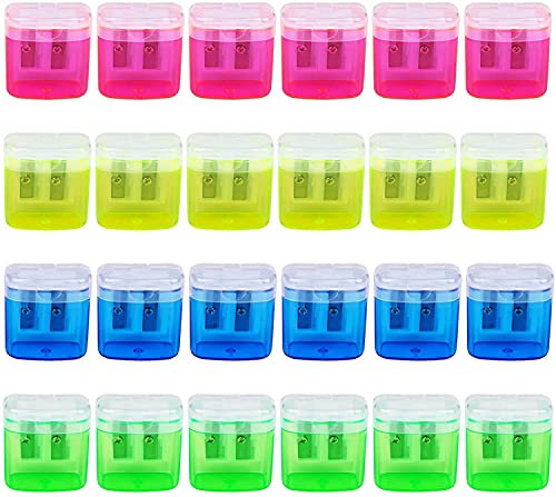 Fasmov 24 Stück Doppel Loch Bleistiftspitzer Manueller Handgehaltener Anspitzer Sharpener mit Deckel für Schulbüro Kinder