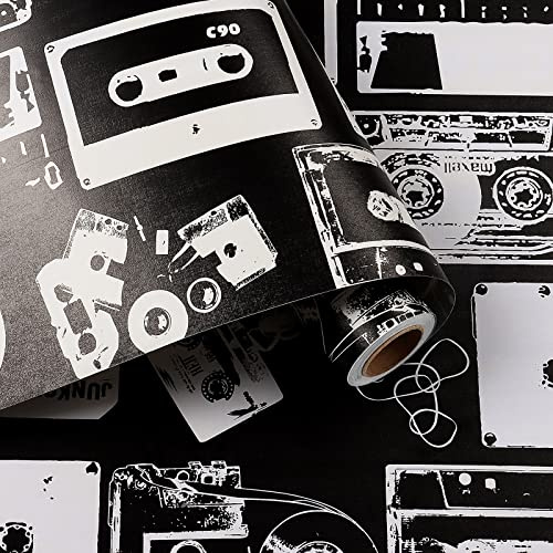 HelloWall 17.71x 315 Black and White Wallpaper Removable Wallpaper Stick and Peel Vintage Video Cassette Tape Wall Paper Sticker Pull and Stick on Bedroom Accent Wall Contact Paper Renters Friendly