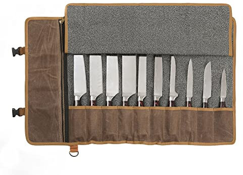 Denifiter Borsa professionale per coltelli da chef con tessuto anti-taglio all'interno, rotolo di tela cerata resistente da 453,6 g, 11 scomparti e manico resistente, tracolla regolabile (grigio)