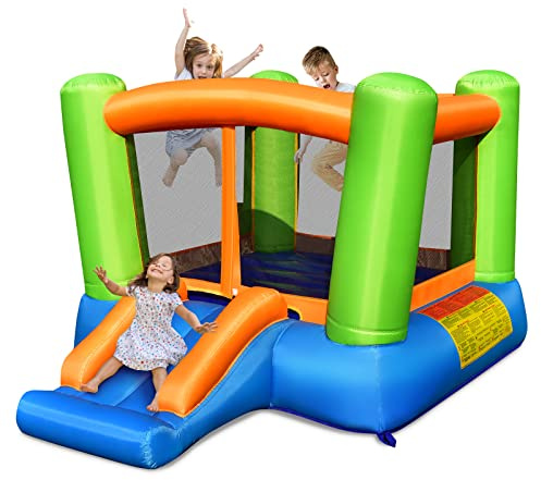 COSTWAY Kids Bouncy Castle, Inflatable Bouncer House with Large Jumping Area and Carrying Bag, Children Blow Up Jumper for Indoor Outdoor (with Slide)