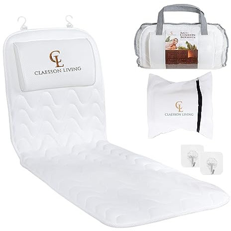 Coussin Baignoire Corps Complet Claessonliving (125x43cm) - Matelas de Bain avec appuie-tête et Supports pour Le Corps - Coussin Baignoire Adulte - Oreiller Baignoire - Sacs de Lavage Inclus - Blanc