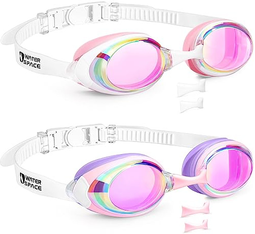 Water Space Swim Goggles for Kids 8-12 Youth Teens Junior 6-14 4-7, No Leak UV Protection Anti-Fog Clear View Waterproof Mirrored Flat Lens with Nose Piece, Easy to Adjust Pool Water Swimming Gear